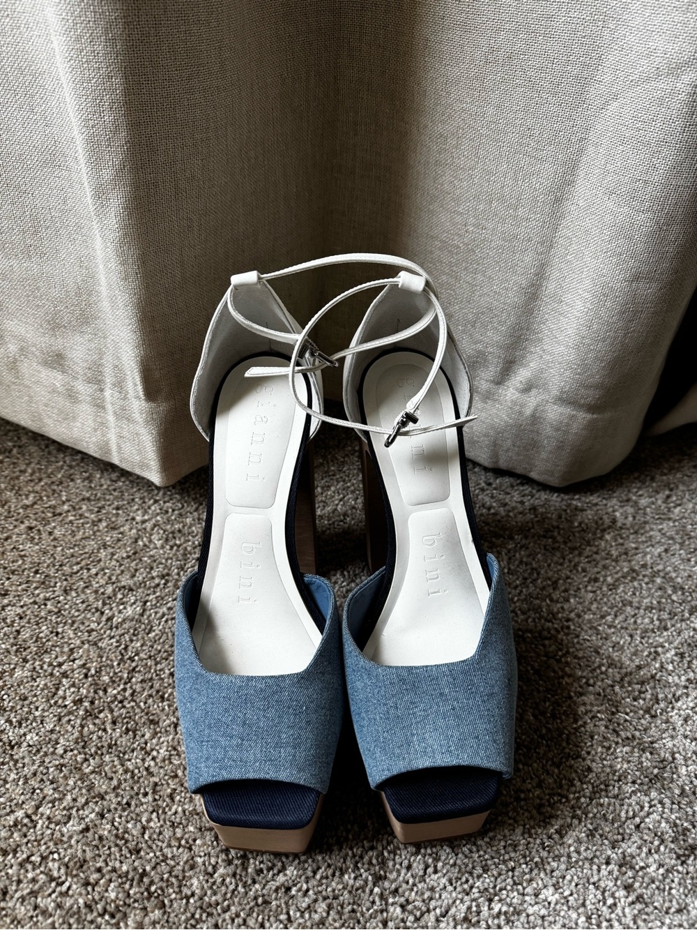 Gianni Bini Blue Denim Platform Sandals with White Ankle Straps
